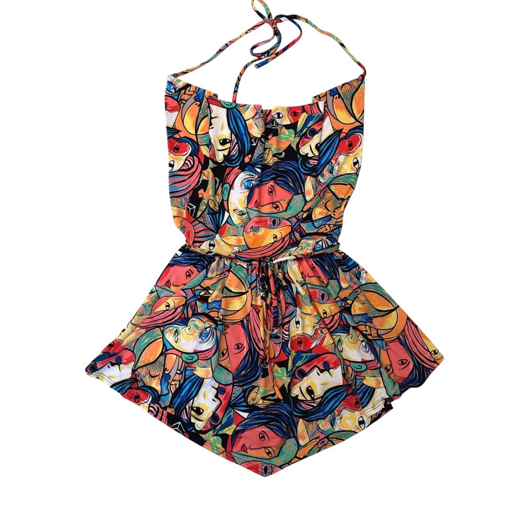 Vtg Monaco Women Abstract Picasso Face Print Halter Romper Multi Color USA Y2K S